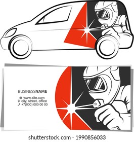 Masked welder with a welding machine in hand. Business card concept and advertising graphics for cars.