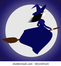 Masked witch on a broom against the moon
