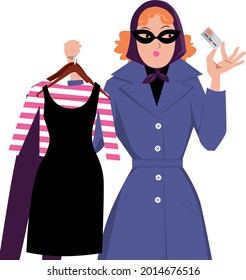 Masked Woman With Apparel On Hangers And A Credit Card In Her Hands Conducting A Mystery Shopping Research Or Using Stolen Identity, EPS 8 Vector Illustration