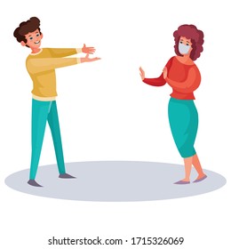 a masked woman in fear shields herself from a man who is dressed to meet her without a mask, virus, self-isolation, isolated object on a white background, vector illustration,