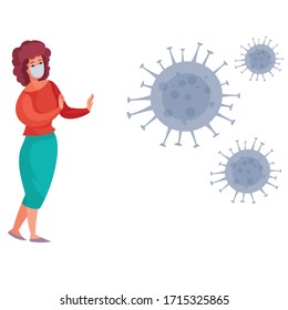 masked woman fencing off a virus that flies around her, isolated object on white background, vector illustration,