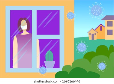 Masked woman at home outside the window. And the weather is clear and the virus has captured the world.