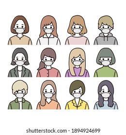 Masked woman illustration icon set