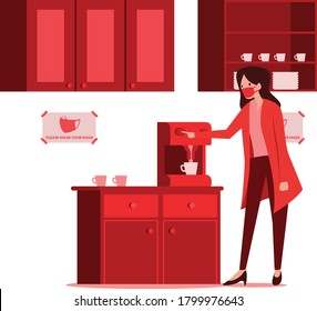 Masked woman making a cup of coffee in office's pantry illustration