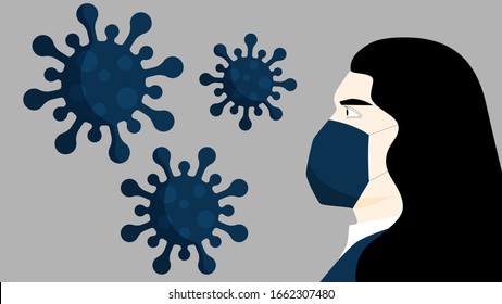 Masked woman in profile with coronavirus. Coronavirus bacteria 2019-nCoV vector illustration