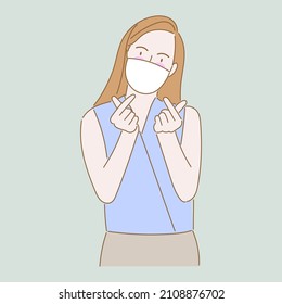 Masked woman shows mini heart sign to cheer up and fight against with Covid-19 or coronavirus isolated on background flat illustration vector.