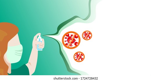 A masked woman is spraying alcohol to kill the virus. Article illustration,page,website.