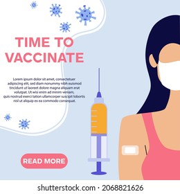 Masked woman was vaccinated against COVID-19 coronavirus infection. Syringe with by injection, virus icon. Banner "Time to vaccinate". Template of vaccination target web page. Vector illustration