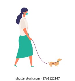 Masked woman walk her dog at summer. Woman have a relaxing day off on new normal. Flat cartoon colorful vector illustration.