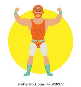 Masked wrestling fighter pose in orange costume