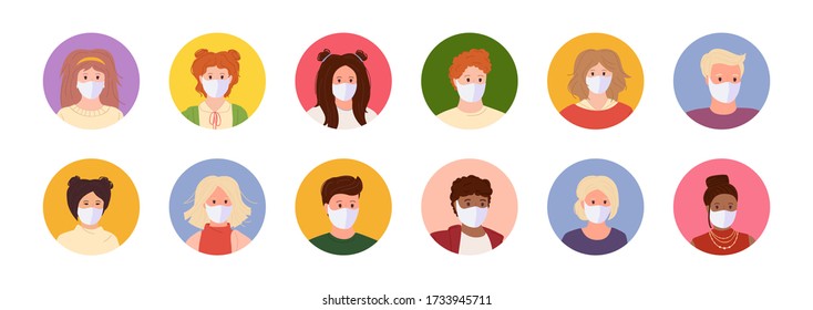 Masked young people avatars cartoon style set. Multinationality, different nations, faces man and woman collection. Stop coronavirus pandemic. Isolated vector illustration