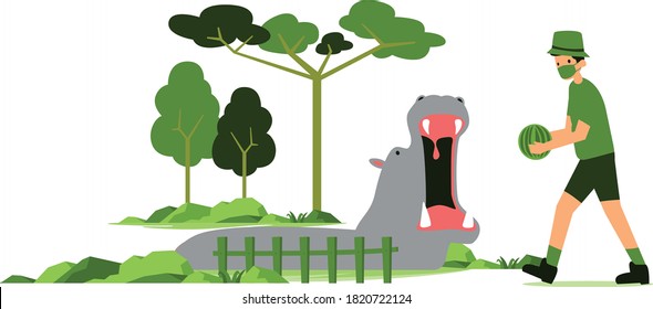 Masked zookeeper feeding the hippo at the zoo illustration