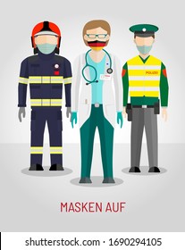 Masken Auf - The Masks Up! German Campaign for COVID-19 Coronavirus Spreading Prevention. Firefighter, Police Officer, Doctor wearing face masks in national colours of Germany. Vector flat characters.