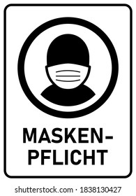 Maskenpflicht ("Face Mask Required" in German) Vertical Instruction Sign against the Spread of the Novel Coronavirus Covid-19. Vector Image.