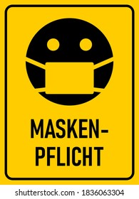 Maskenpflicht ("Face Masks Required" in German) Vertical Instruction Warning Sign with an Aspect Ratio of 3:4. Vector Image.