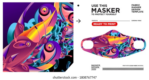 Masker design template and dummy mockup with stunning and colorful pattern illustration
