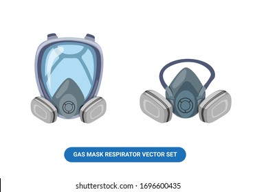 Masker gas respirator workwear in full face and half face vector set cartoon illustration isolated in white background