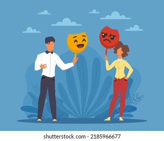Masking true emotions and feelings. False social identity, pretense and hypocrisy, emotional intellect, people hold masks, psychology and mental health vector cartoon flat concept