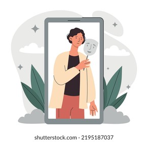 Masking true feelings. Character in social networks pretending to hide real feelings and emotions. Sad and upset woman on smartphone screen. False, lie and fake. Cartoon flat vector illustration