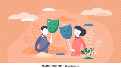 Masking true feelings concept, flat tiny persons couple vector illustration. Face expressions in relationship communication. Fake social identity and hiding inner personality traits. Human masquerade.