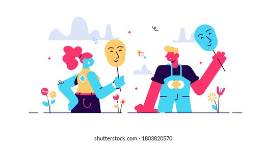 Masking true feelings concept, flat tiny persons couple vector illustration. Face expressions in relationship communication. Fake social identity and hiding inner personality traits. Human masquerade.