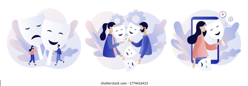 Masking true feelings concept. Human masquerade. Tiny people trying on carnival masks with happy or sad expressions.Modern flat cartoon style. Vector illustration on white background