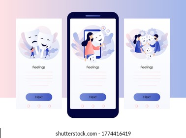Masking true feelings concept. Human masquerade. Fake social identity and hiding inner personality traits. Screen template for mobile smart phone. Modern flat cartoon style. Vector illustration