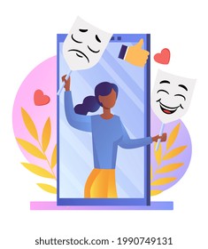 Masking true feelings. Hiding faces behind social masks with fake positive emotions. Theatrical mask. Flat abstract metaphor cartoon vector illustration concept design isolated on white background.
