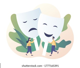 Masking true feelings. Psychology. Human masquerade. Tiny people with big carnival masks with happy or sad expressions. Hypocrisy. Modern flat cartoon style. Vector illustration on white background
