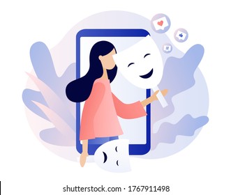 Masking true feelings. Psychology. Tiny girl in smartphone trying on carnival masks with happy or sad expressions. Human masquerade. Modern flat cartoon style. Vector illustration on white background