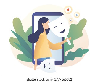 Masking true feelings. Tiny girl in smartphone trying on carnival masks with happy or sad expressions. Psychology. Human masquerade. Modern flat cartoon style. Vector illustration on white background