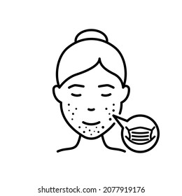 Maskne Concept. Facial Skin Irritation Line Icon. Comedo, Pimple, Allergic Cause Wear Medical Mask Outline Icon. Lady with Mask Acne Face Trouble Pictogram. Editable Stroke. Vector Illustration.