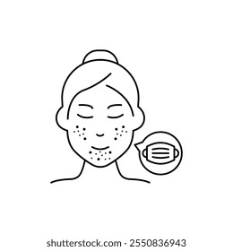 Maskne Concept. Facial Skin Irritation Line Icon. Comedo, Pimple, Allergic Cause Wear Medical Mask Outline Icon. Lady with Mask Acne Face Trouble