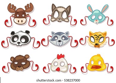 Masks animals set for party. Vector cartoon illustration isolated on white background.