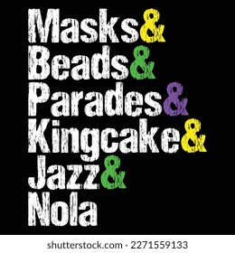Masks And Beads And Parades And Kingcake Jazz And Nola, Mardi Gras shirt print template, Typography design for Carnival celebration, Christian feasts, Epiphany, culminating  Ash Wednesday, Shrove Tues