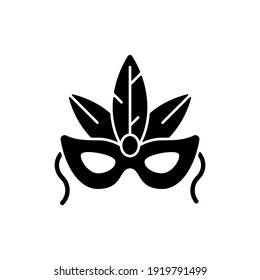 Masks black glyph icon. Carnival dressing. Costume for masquerade. Fantasy orante face mask. Brazilian festival. Halloween disguise. Silhouette symbol on white space. Vector isolated illustration