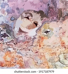 Masks at the carnival. Abstract faces, acrylic painting