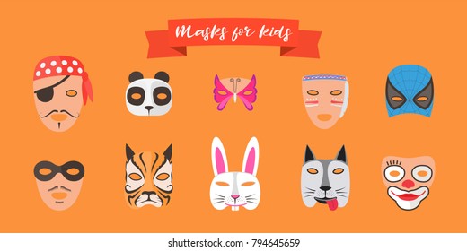 Masks for children with different animals vector illustrations. Decoration for kids party with faces of cartoon characters 