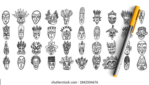 Maske doodle Set. Kollektion von Stift Stift Tinte handgezeichnet Skizzen Vorlagen Muster von alten Stämmen menschlichen Vodoo-Facetten einzeln in Linie. Illustration zum Thema geheimnisvolle und magische Rituale