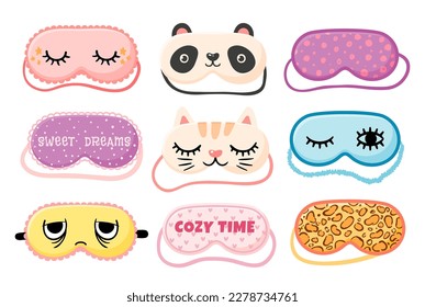 Masks for dreaming with eyes and smile collection. Illustration of mask for sleep and dream night, relaxation blindfold vector