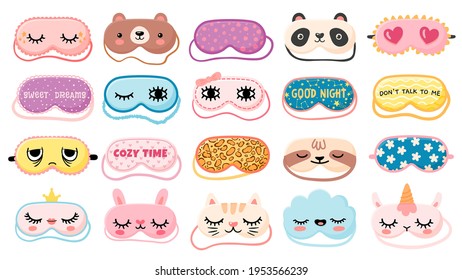 Masks for dreaming. Night mask with cute girl eyes, sleep quotes, panda, bear and cat faces. Cartoon animal mask for pajama print vector set. Nightwear elements for resting and relaxation