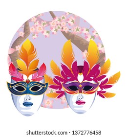 masks with feathers round icon
