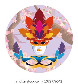 masks with feathers round icon