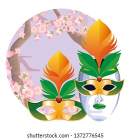 masks with feathers round icon