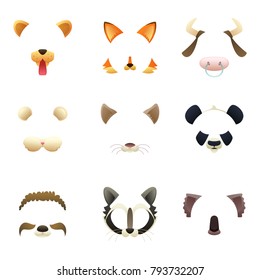 Masks Of Funny Animals. Ears And Nose. Vector Pictures For Photo Or Video Filters. Mask Cat And Puppy, Dog Muzzle And Mouse Animal Illustration