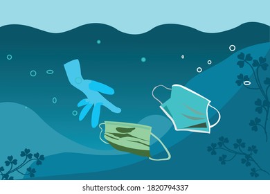 Masken und Handschuhe schwimmen im Ozean.Müll nach pandemischem Coronavirus Covid-19