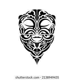 Masks of gods in ornamental style. Polynesian tribal patterns. Suitable for prints. Isolated. Black ornament, vector illustration.