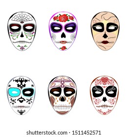 Masks for the holiday Halloween in the style of Los Muertos. Set of festive scary face makeup designs. Trendy skull patterns for halloween party. Masquerade accessory with decorative elements on white