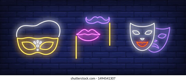 Masks, lips and moustache on sticks neon signs set. Carnival, fun, party, masquerade design. Night bright neon sign, colorful billboard, light banner. Vector illustration in neon style.