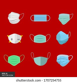 Masks, medical protectors, various respirators for health care with a red background.